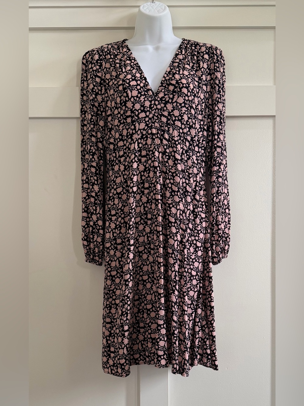 Boden Floral V-Neck Long Sleeve Dress in Blush and Black